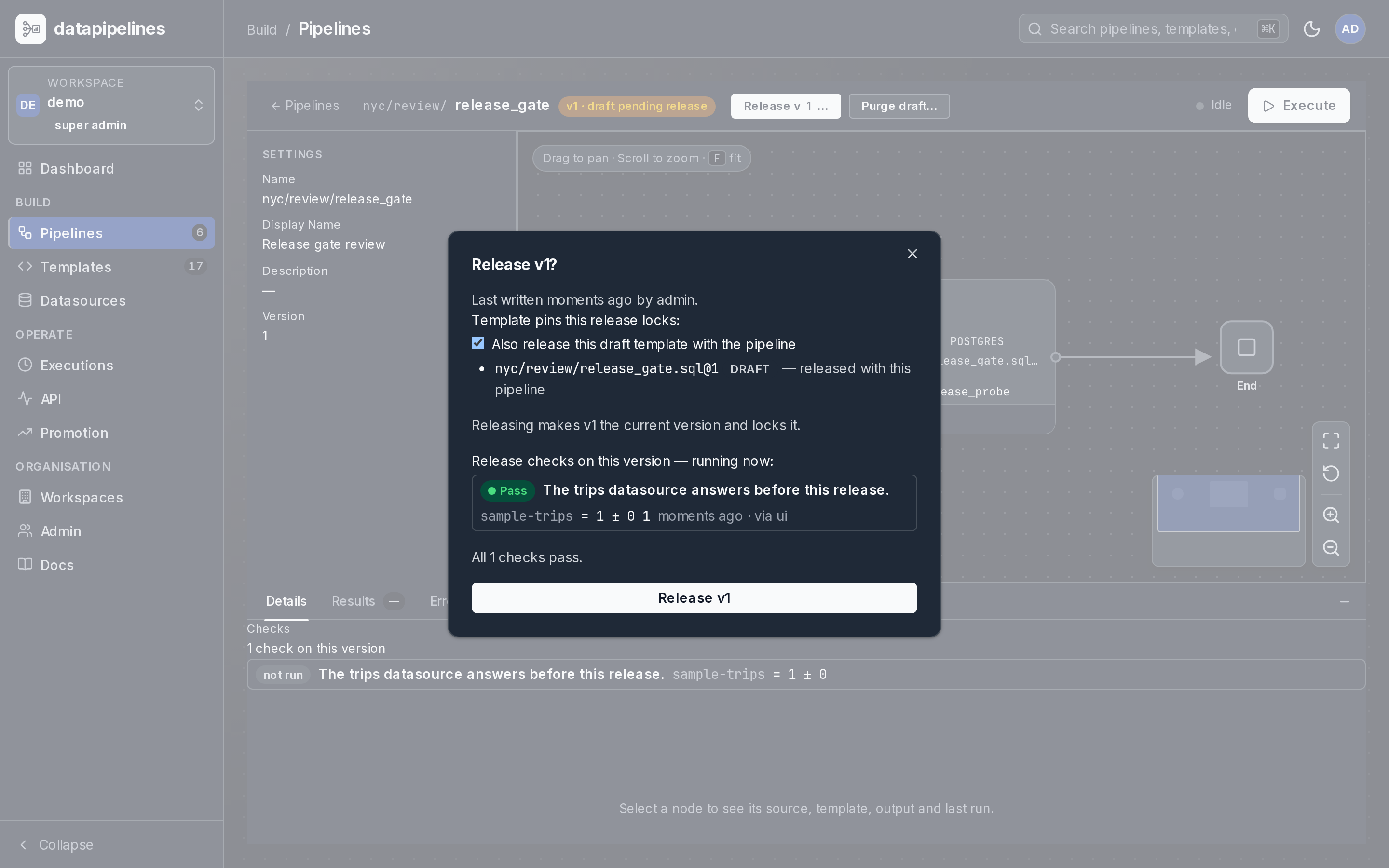 The release dialog on a draft pipeline in the dark theme: the configured checks with their passing verdicts and the version the release would lock.