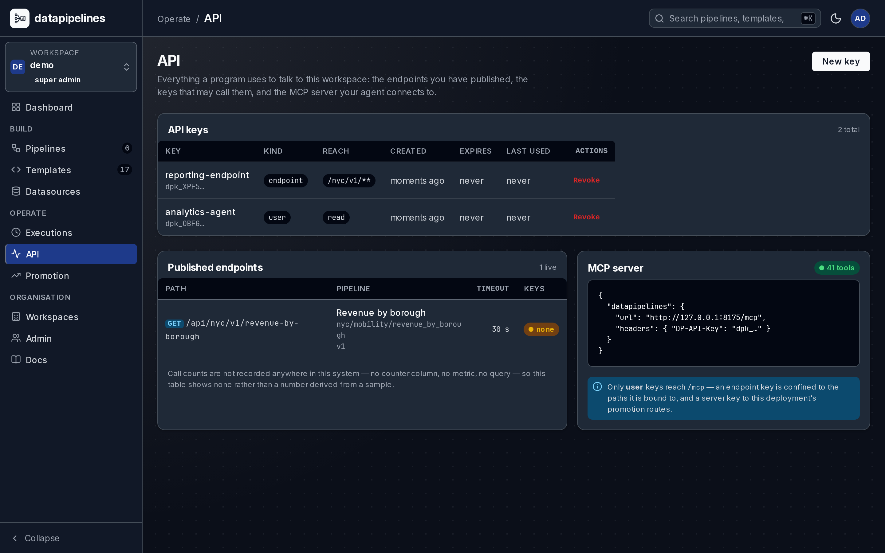 The API section in the dark theme: the keys table with a user key and an endpoint-scoped key, the published endpoint inventory, and the MCP server connection card.