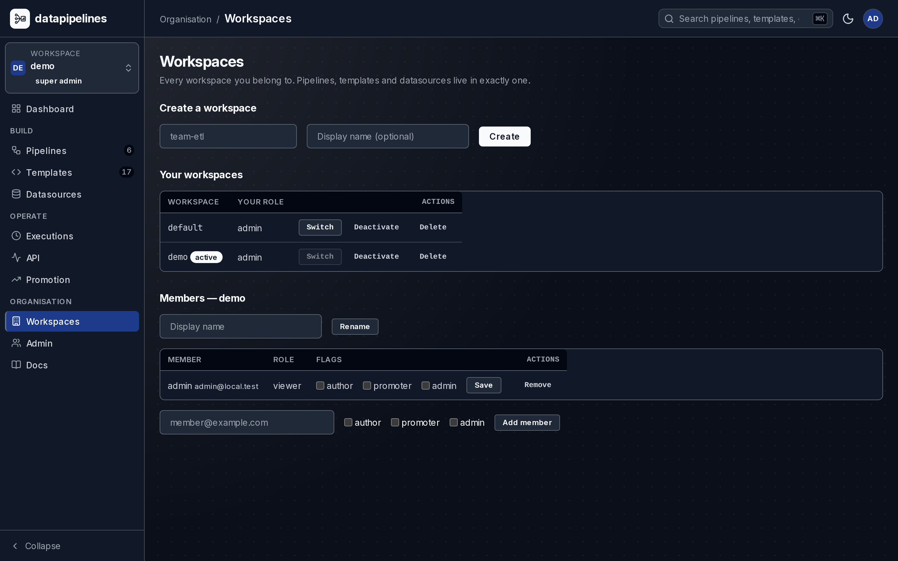 The workspaces screen in the dark theme: two workspaces listed with the signed-in person's role in each, and the active workspace's members with their roles.